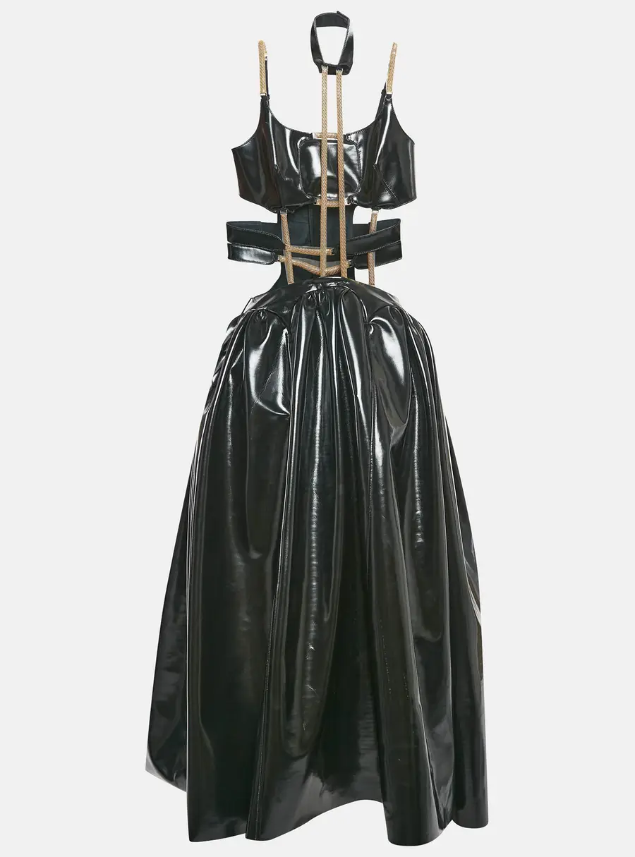 Christopher Kane Black Faux Leather Cut-Out Strap Detail Maxi Dress S