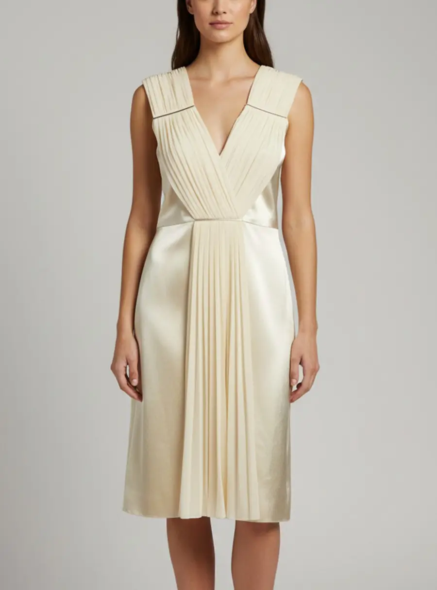 Christopher Kane Cream Satin and Chiffon Draped V-Neck Dress M