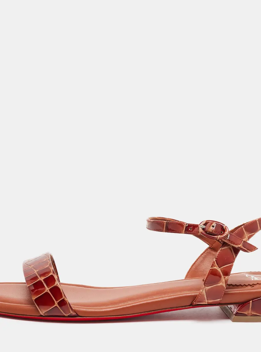 Christian Louboutin Sweet Jane Size 42 Brown Croc Embossed Patent Leather and Leather Flat Sandals