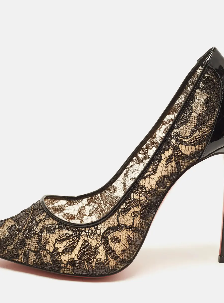Christian Louboutin Follies Size 40 Black Lace and Patent Leather Pumps