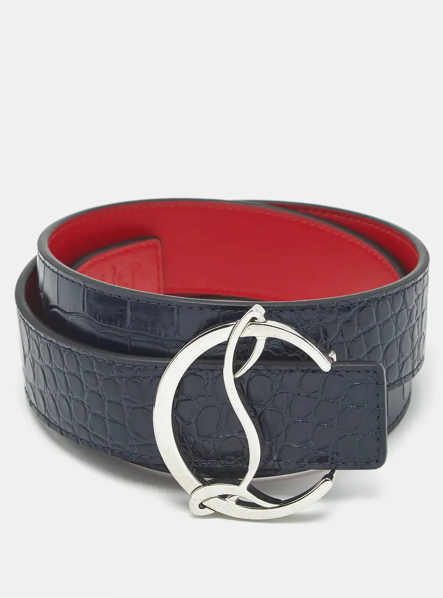Christian Louboutin CL Logo 80CM Reversible Belt Navy Blue/Red Crocodile Embossed Leather