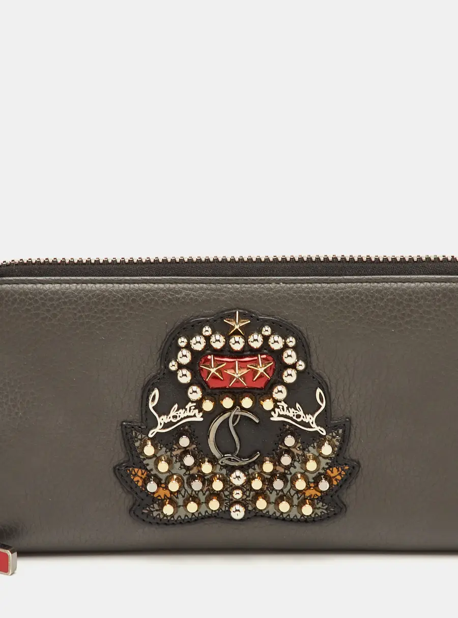 Christian Louboutin Panettone Dark Grey Leather Studded Zip Around Wallet