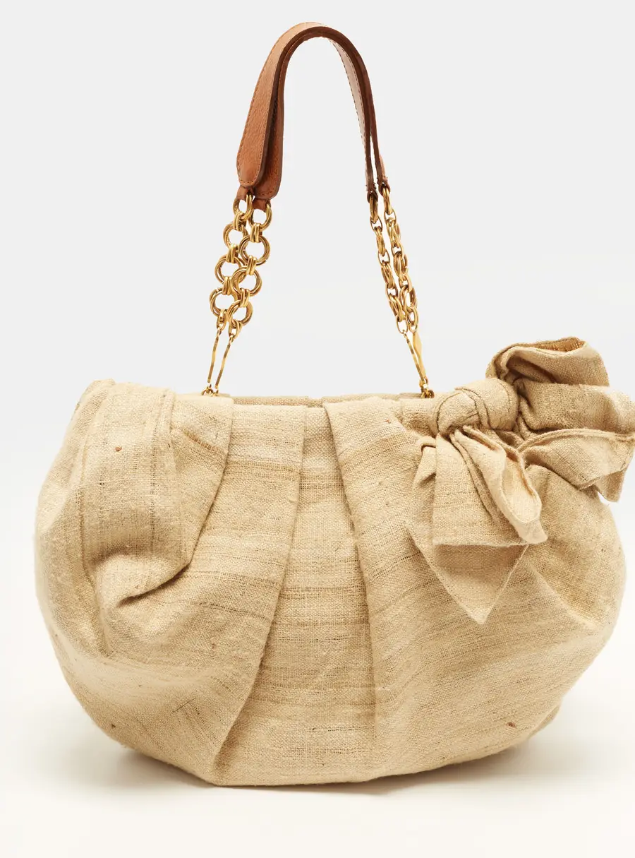 Christian Bow Pleated Louboutin Beige/Brown Canvas and Leather Hobo