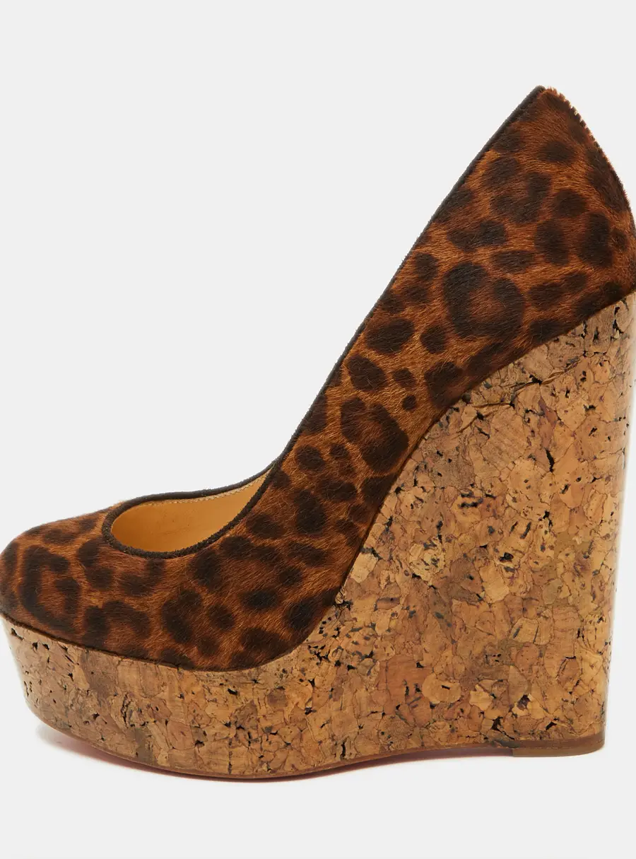 Christian Louboutin Brown Leopard Print Calf Hair Cork Wedge Platform Pumps Size 36