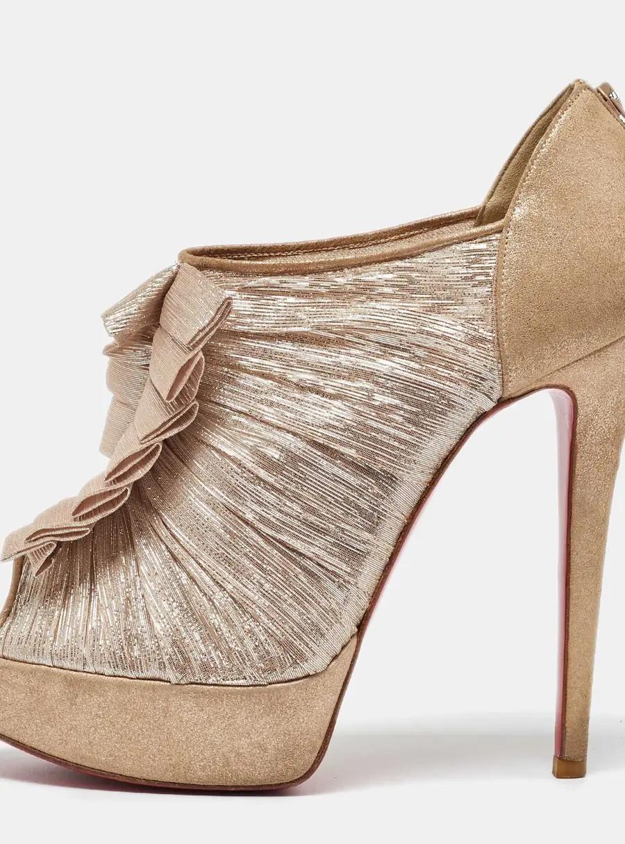 Christian Louboutin Gold/Beige Lurex Fabric and Suede Canon Booties Size 37