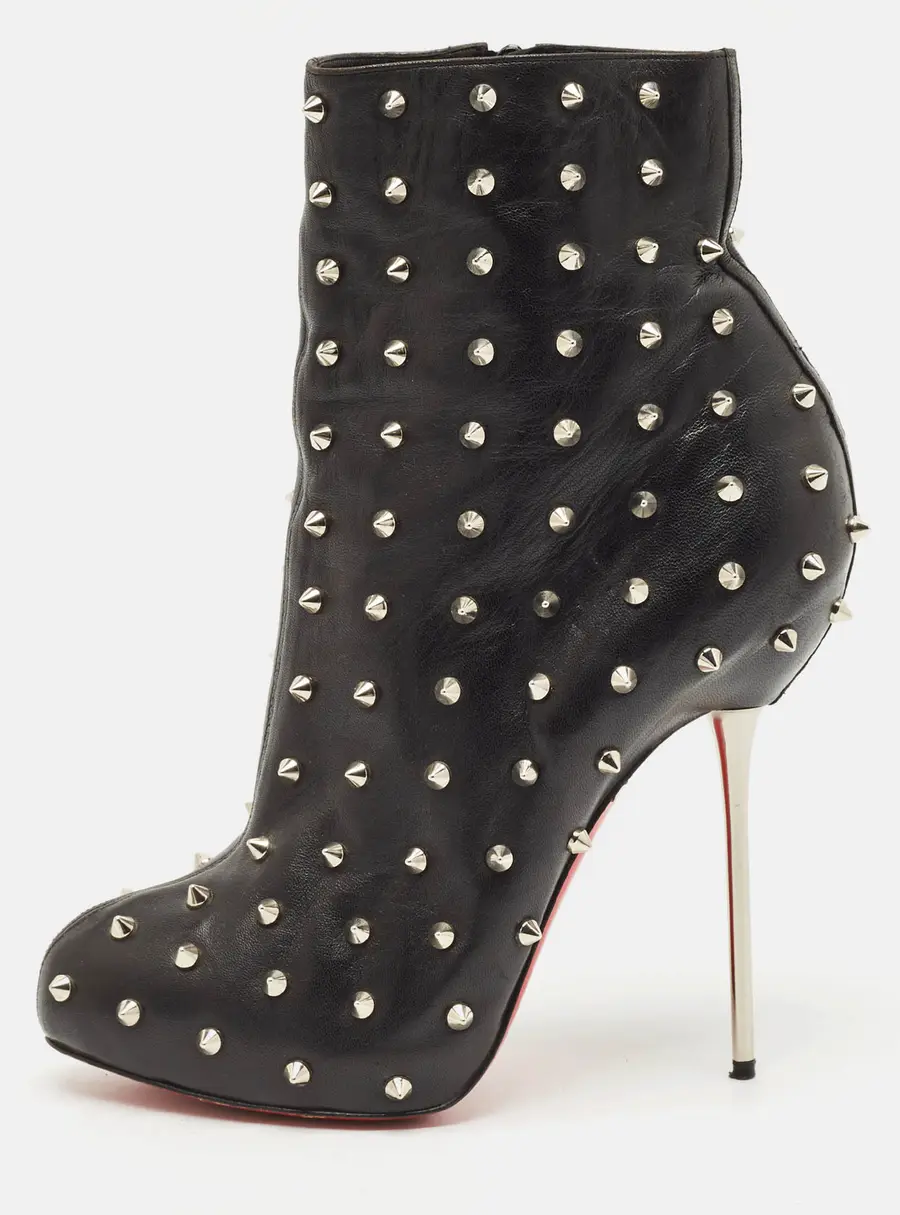 Christian Louboutin Black Leather Big Lips Spiked Ankle Boots Size 38.5