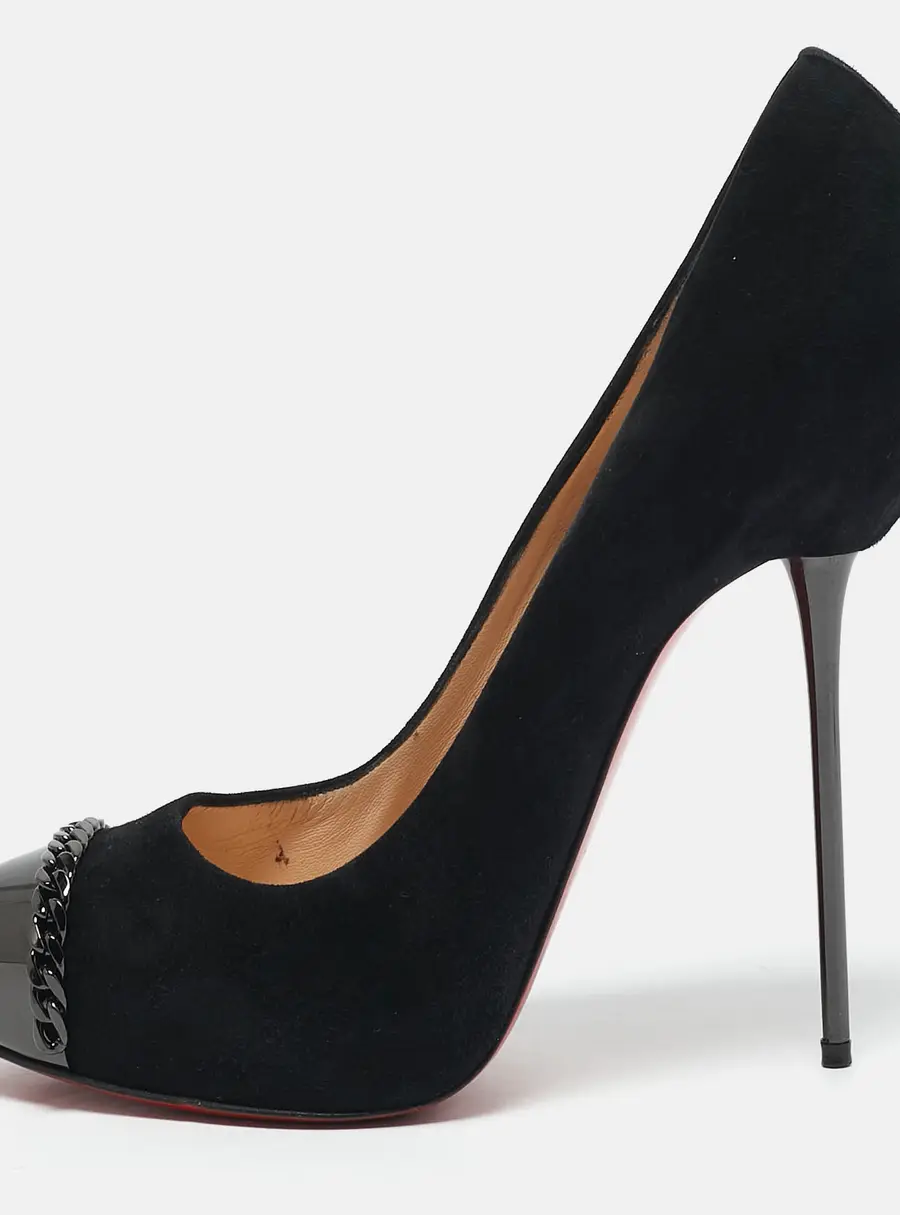 Christian Louboutin Black Suede Chain Link Metal Cap Toe Platform Pumps Size 39.5