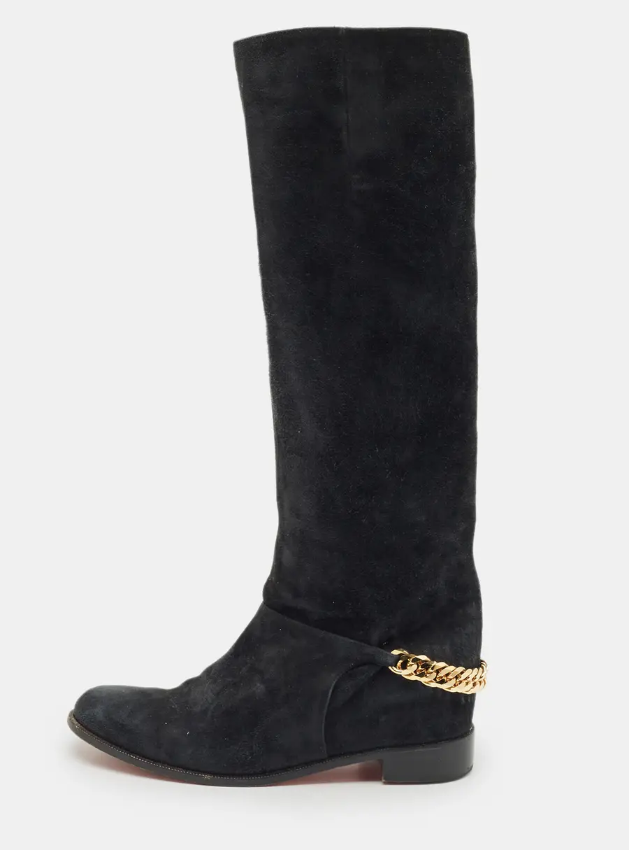 Christian Louboutin Navy Blue Suede Cate Chain-Trimmed Calf-Length Boots Size 37