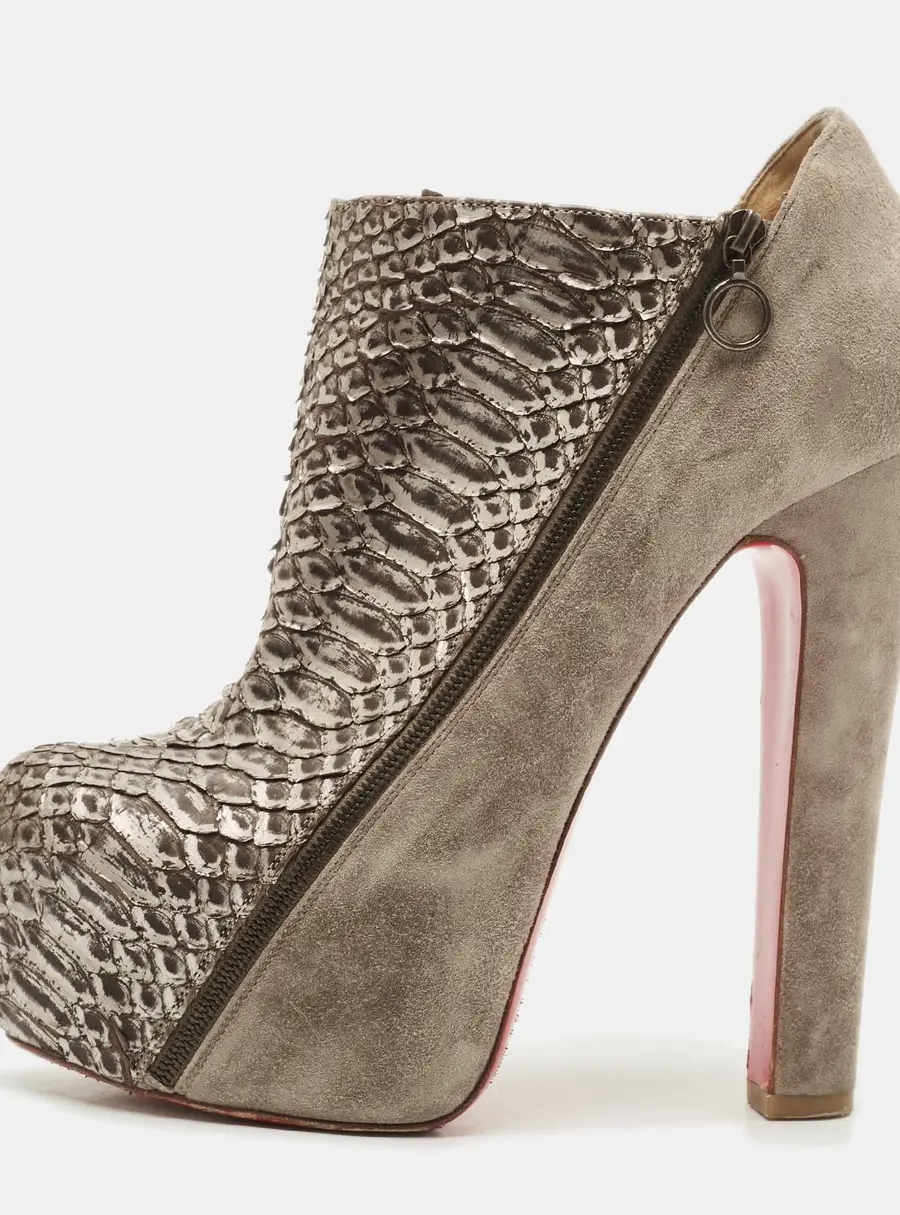 Christian Louboutin Metallic/Brown Python Leather and Suede 4A Ankle Length Boots Size 39
