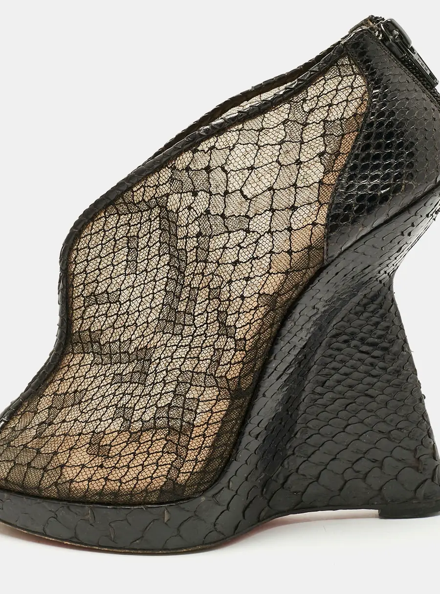 Christian Louboutin Janet Size 36 Black Lace, Mesh and Python Leather Wedge Pumps