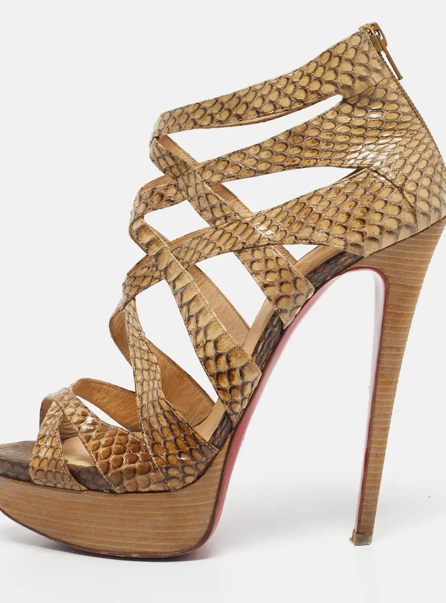 Christian Louboutin Brown/Beige Python Leather Balota Platform Sandals Size 38.5