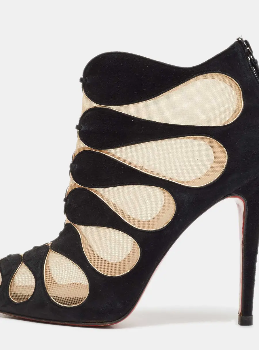 Christian Louboutin Black/Beige Suede And Mesh Circus Cutout Ankle Boots Size 38.5