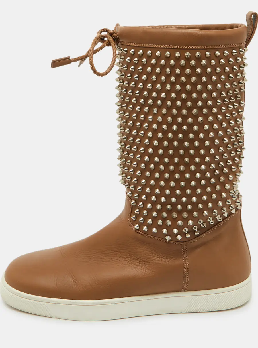 Christian Louboutin Brown Leather Surlapony Spiked Mid Calf Boots Size 43