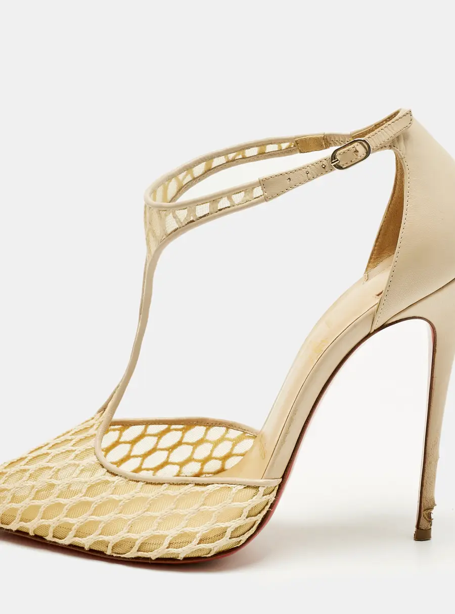 Christian Louboutin Beige Lace Salonu Pointed Toe T Strap Sandals Size 38.5