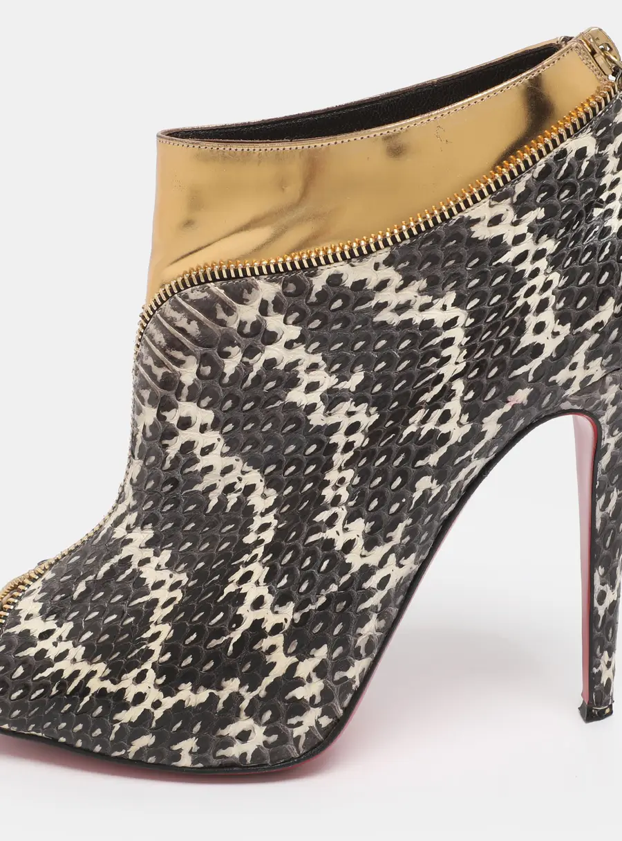 Christian Louboutin Grey/Gold Foil Leather and Python Leather Col Zippe Booties Size 40