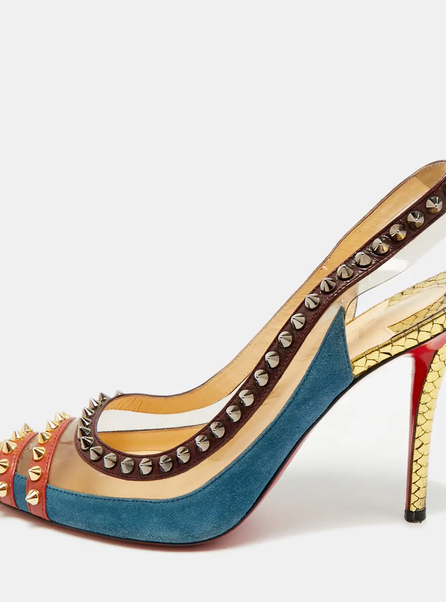 Christian Louboutin Studded Cloo Size 37.5 Multicolor PVC, Snakeskin, and Suede Slingback Pumps