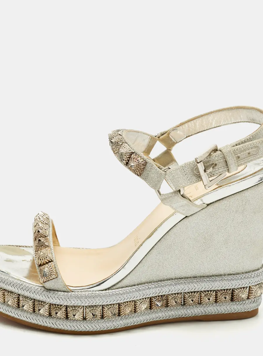 Christian Louboutin Pyraclou Size 38 Silver Glitter and Leather Wedge Sandals