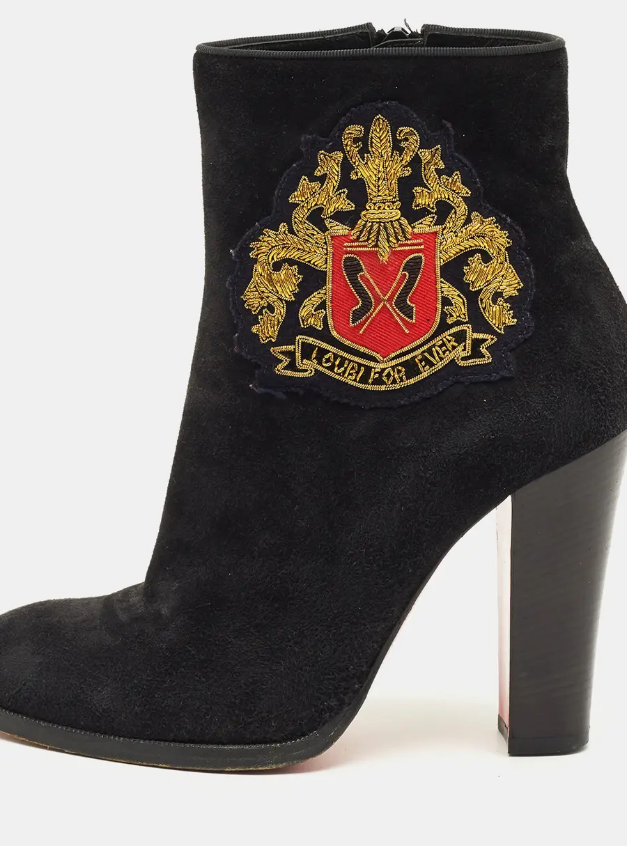 Christian Louboutin Crest Embroidered Size 37 Black Suede Ankle Length Boots