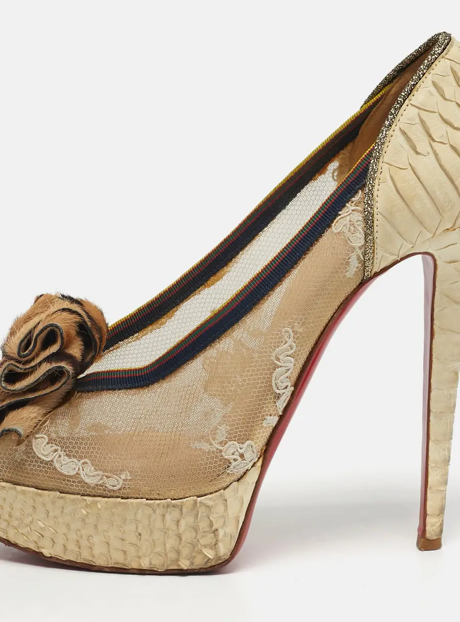 Christian Louboutin Lady Peep Size 39.5 Beige Lace and Python Leather Peep Toe Pumps