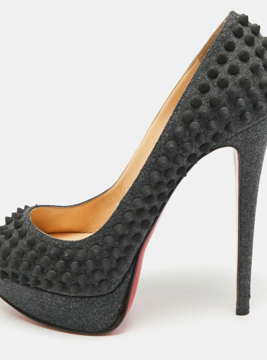 Christian Louboutin Lady Peep Spikes Size 39.5 Grey Wool Platform Pumps