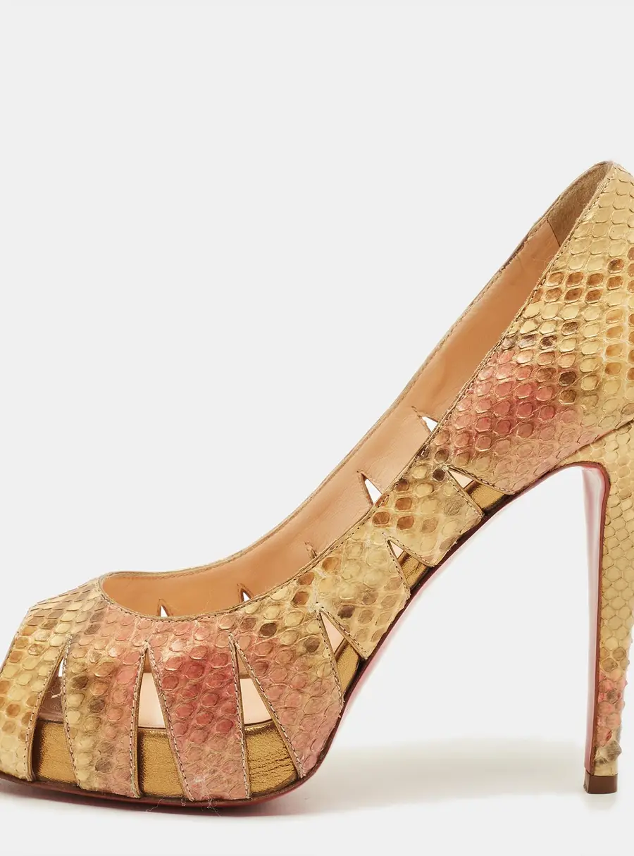 Christian Louboutin Size 39.5 Metallic Python Leather Cutout Peep Toe Pumps