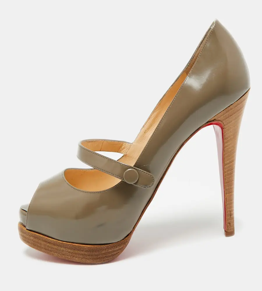 Christian Louboutin Zeppa Size 38.5 Grey Patent Leather Platform Peep Toe Pumps
