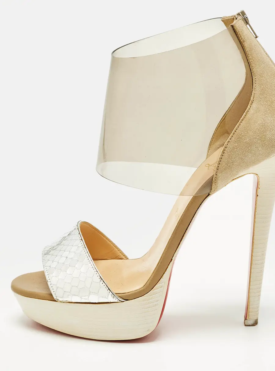 Christian Louboutin Dufoura Size 38 Tricolor Python Embossed Leather and Suede Sandals