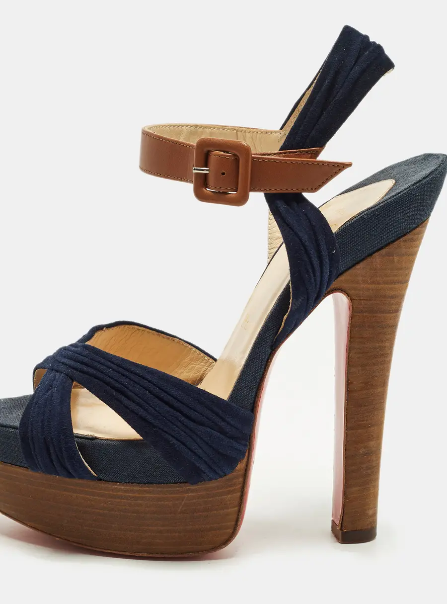 Christian Louboutin Size 36 Navy Blue/Brown Leather and Suede Ankle Strap Platform Sandals
