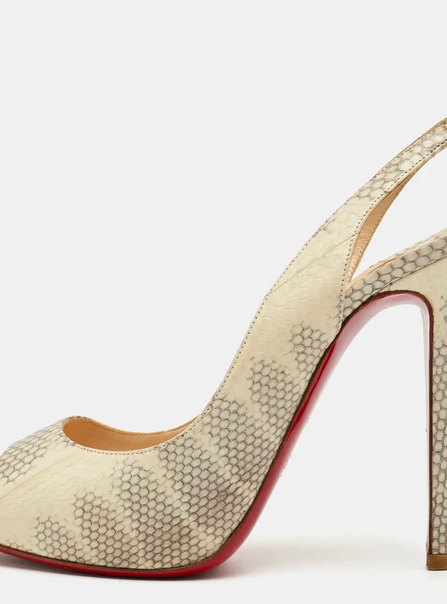 Christian Louboutin Private Number Size 40 Cream/Grey Snakeskin Leather Peep Toe Slingback Pumps