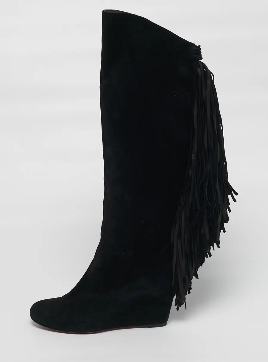 Christian Louboutin Size 37 Black Suede Fringe Knee Length Boots