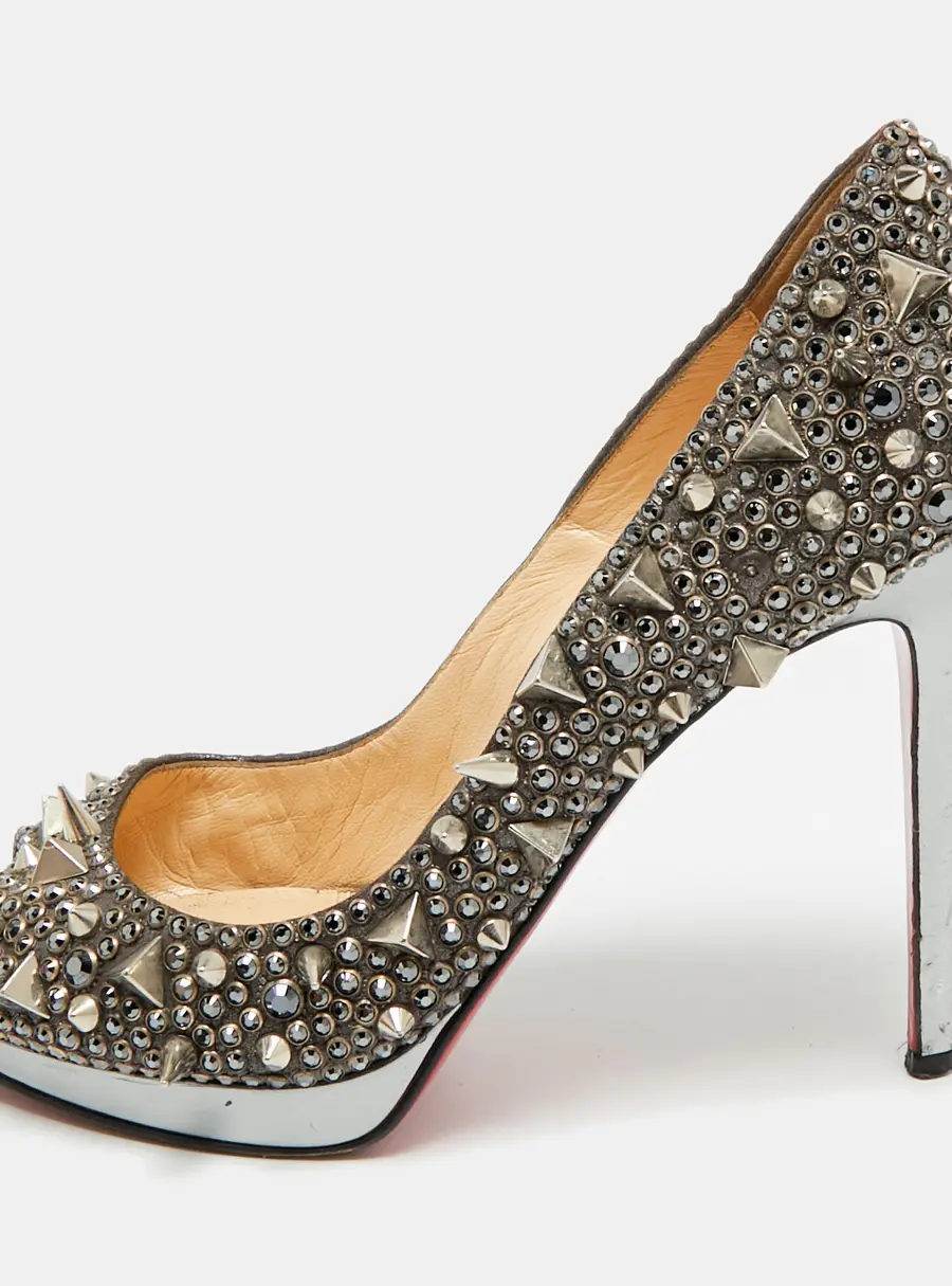 Christian Louboutin Size 38.5 Silver Glitter Peep Toe Pumps