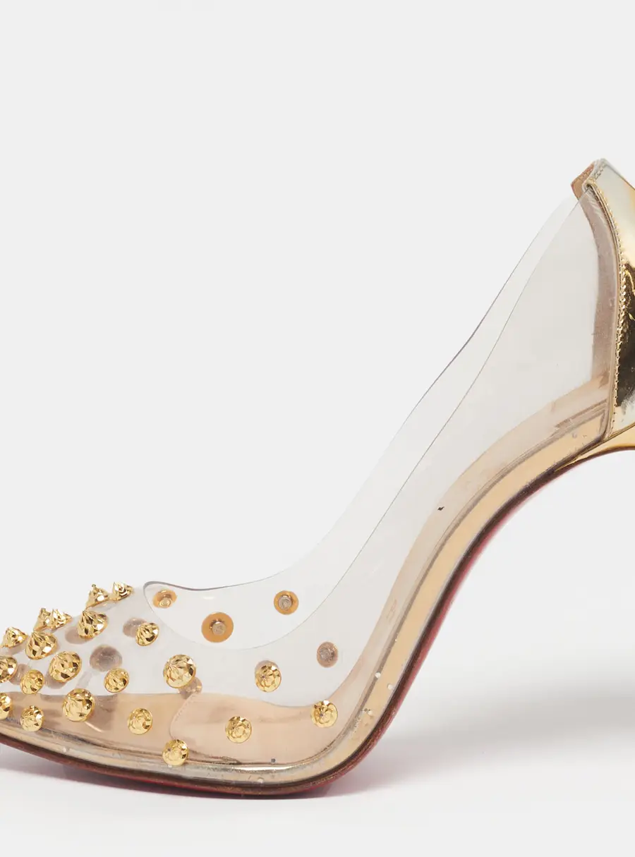 Christian Louboutin Collaclou Spiked Size 38 Transparent/Gold PVC and Leather Pointed Toe Pumps