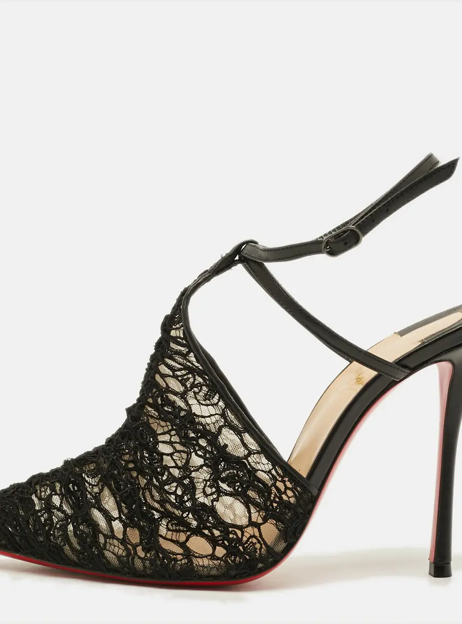 Christian Louboutin  Size 38.5 Black Acide Lace and Leather Flocked Tulle Ankle-Strap Pumps