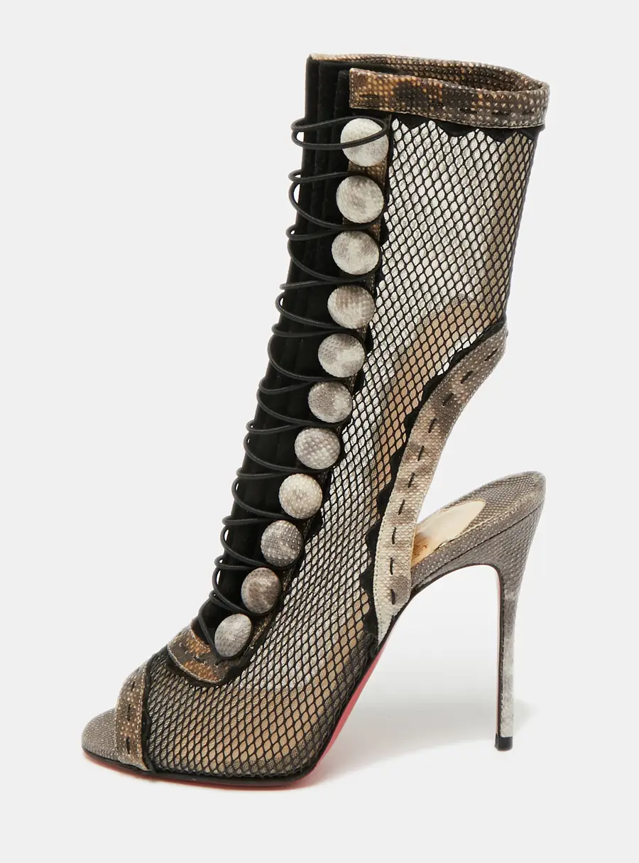 Christian Louboutin Attention 100 Size 38.5 Beige/Black Karung Leather and Lace Ankle Length Boots