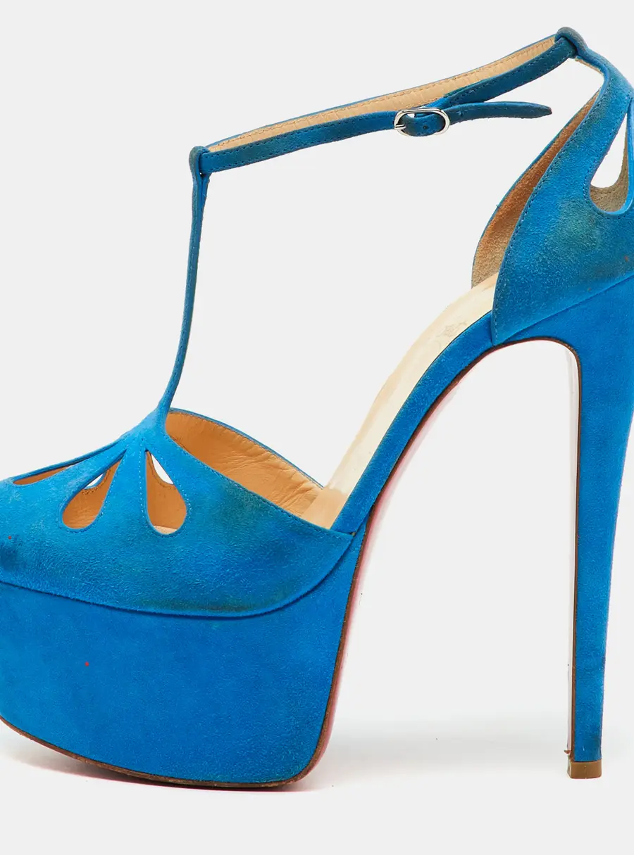 Christian Louboutin Blue Suede Mayada T-Strap Platform Pumps Size 38.5