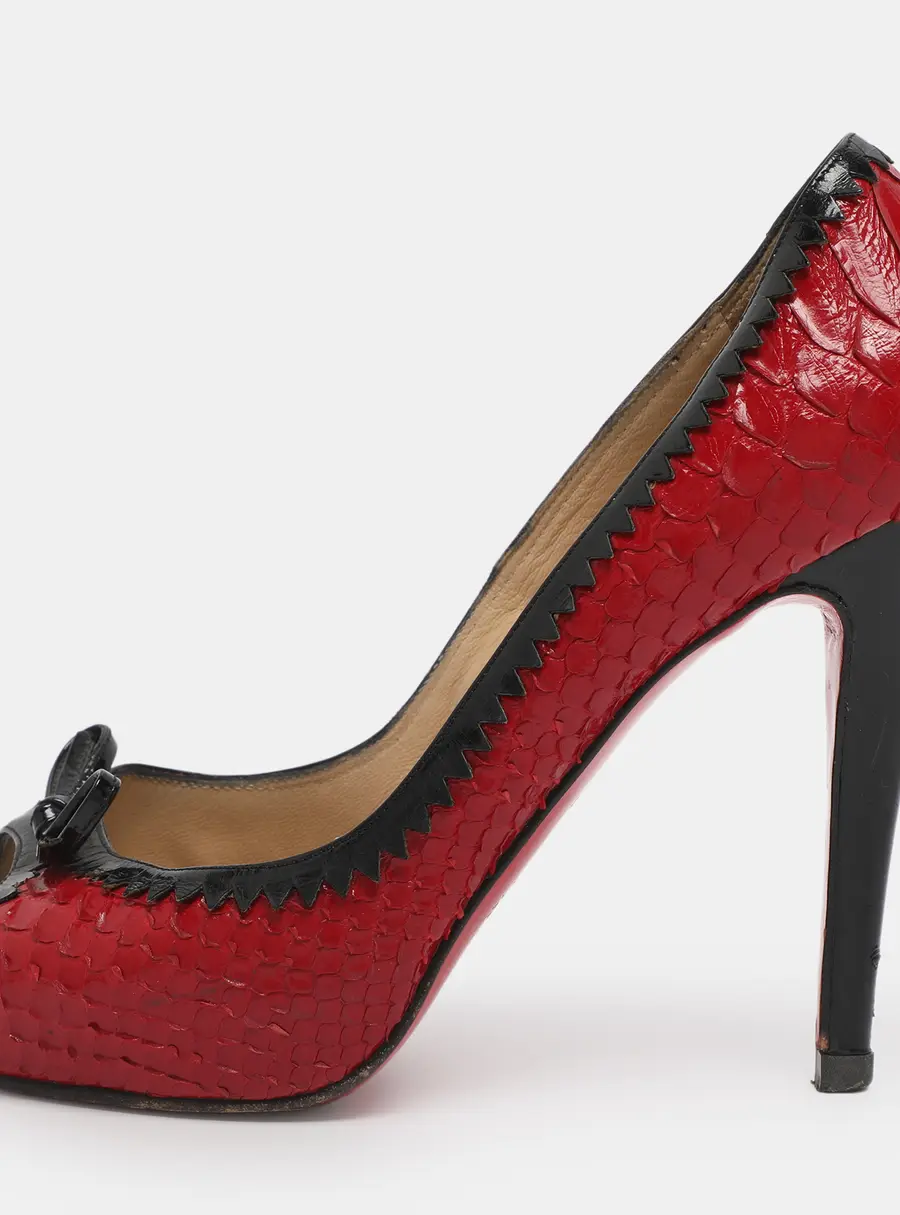 Christian Louboutin Red/Black Python Leather Bow Very Prive Peep-Toe Pumps Size 36.5