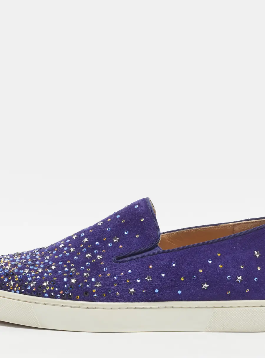 Christian Louboutin Dolcita Size 36 Blue Suede Crystal Star Embellished Slip On Sneakers