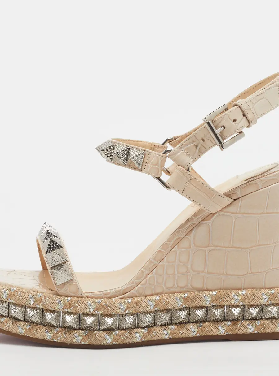 Christian Louboutin Cataclou Size 38 Cream Croc Embossed Leather Wedge Sandals