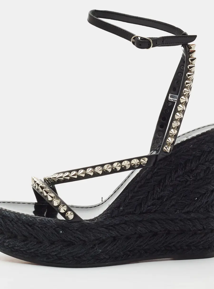 Christian Louboutin Size 39 Black Leather Wedge Espadrille Sandals