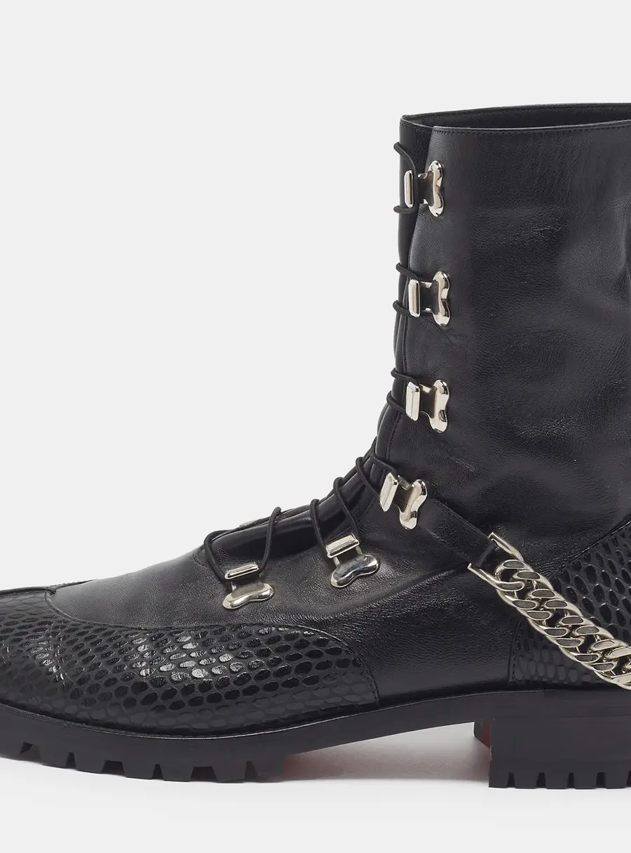 Christian Louboutin Size 40 Black Leather Chain Strap Combat Boots