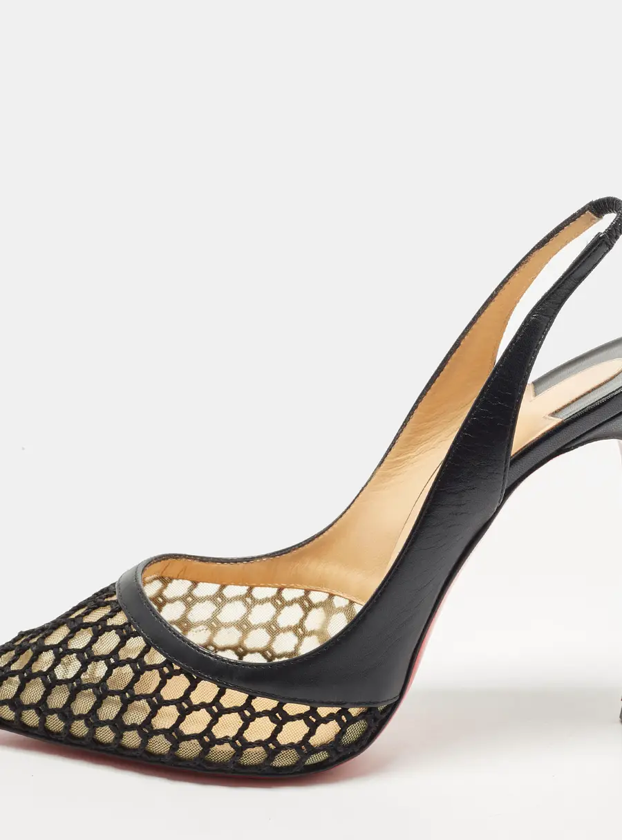 Christian Louboutin Miluna Size 39 Black Leather and Mesh Slingback Pumps