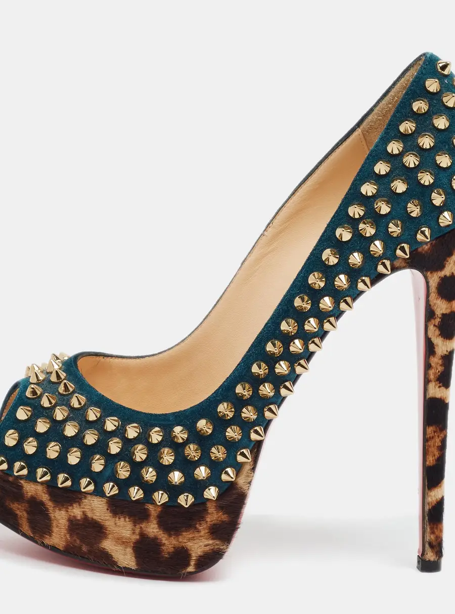 Christian Louboutin Lady Peep Spikes Size 38 Multicolor Calf Hair and Suede Platform Pumps
