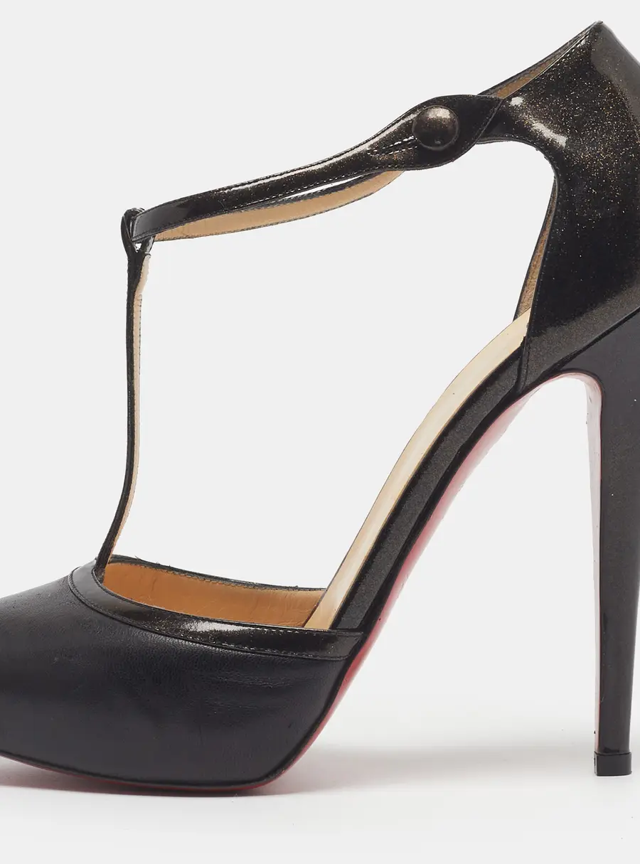Christian Louboutin Size 37.5 Black Leather and Patent Leather Mary Jane Pumps