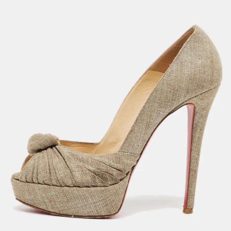 Christian Louboutin Jenny Size 38.5 Beige Canvas Knotted Peep Toe Platform Pumps