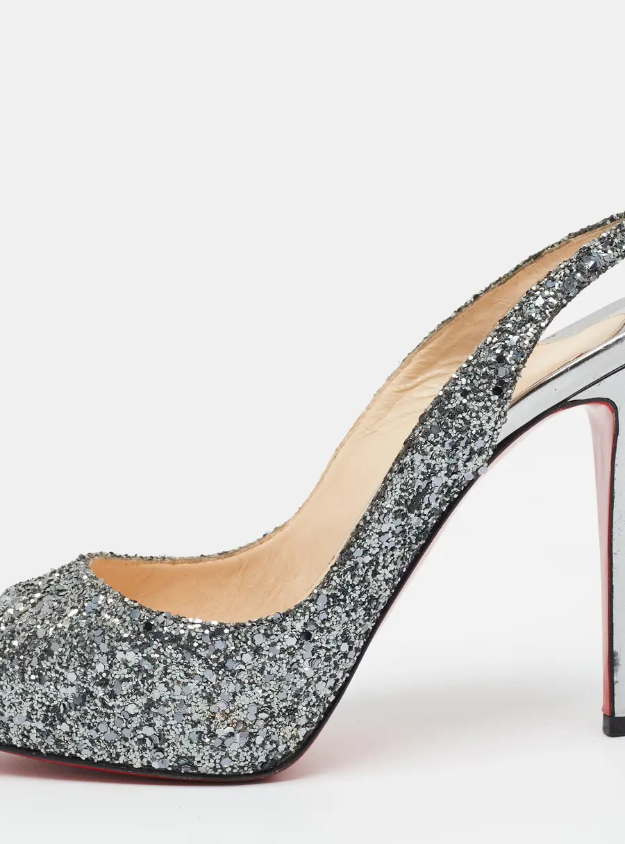 Christian Louboutin Prive Size 38.5 Silver Glitter Slingback Sandals