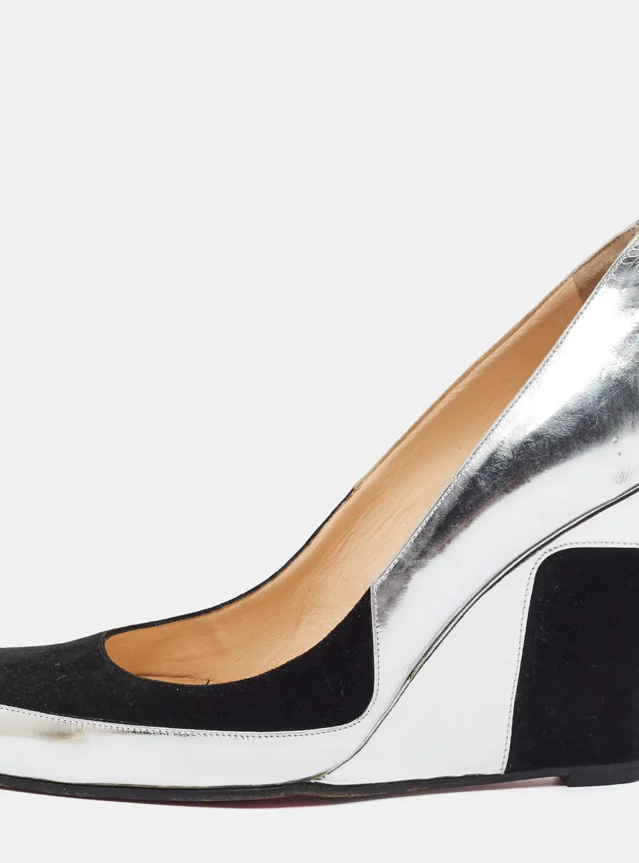 Christian Louboutin Size 38 Silver/Black Patent Leather and Suede Wedge Pumps
