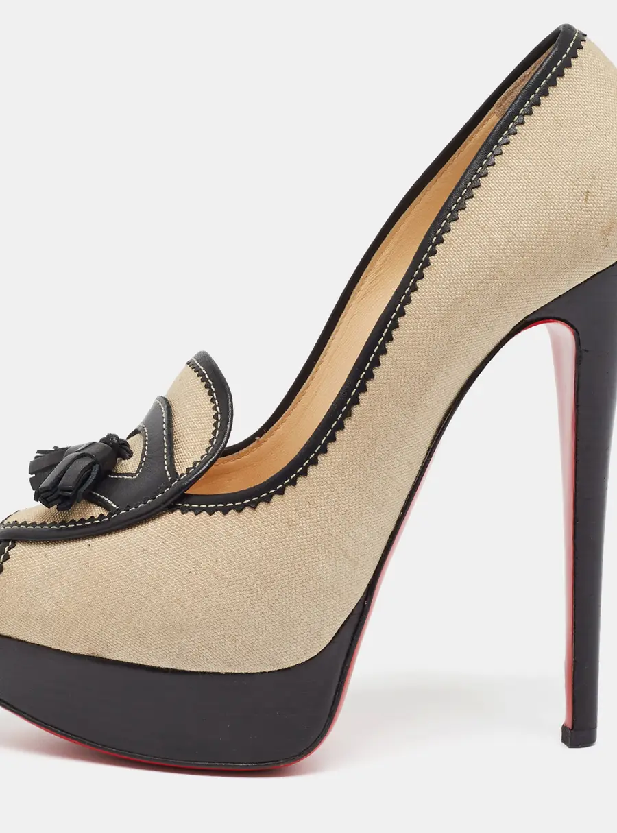 Christian Louboutin Alta Campus Size 38 Beige/Black Canvas and Leather Platform Pumps