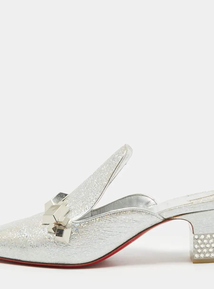Christian Louboutin Size 37 Silver Leather Crystal Embellished Mules