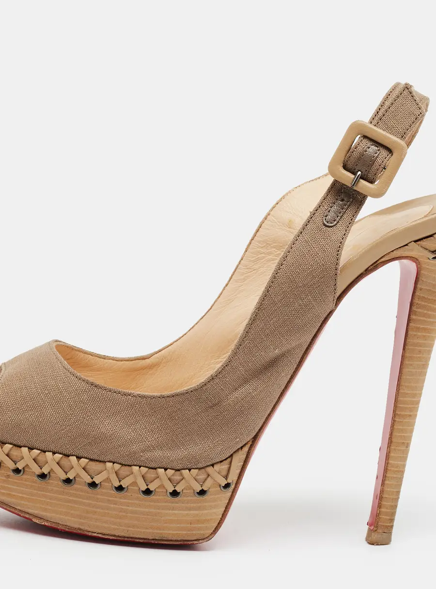 Christian Louboutin Lady Indiana Size 38.5 Beige Canvas Slingback Sandals