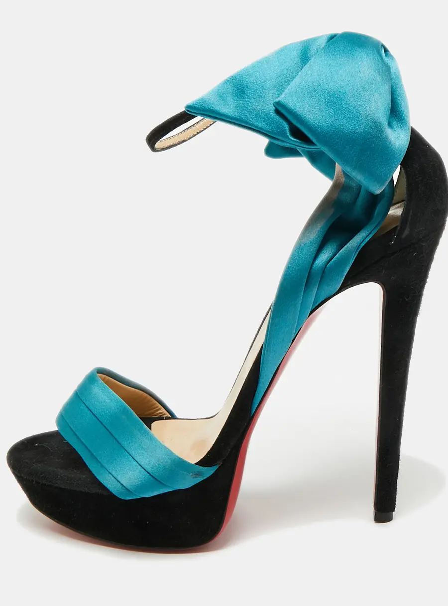 Christian Louboutin Vampanodo Size 39.5 Blue/Black Satin and Suede Ankle Strap Sandals